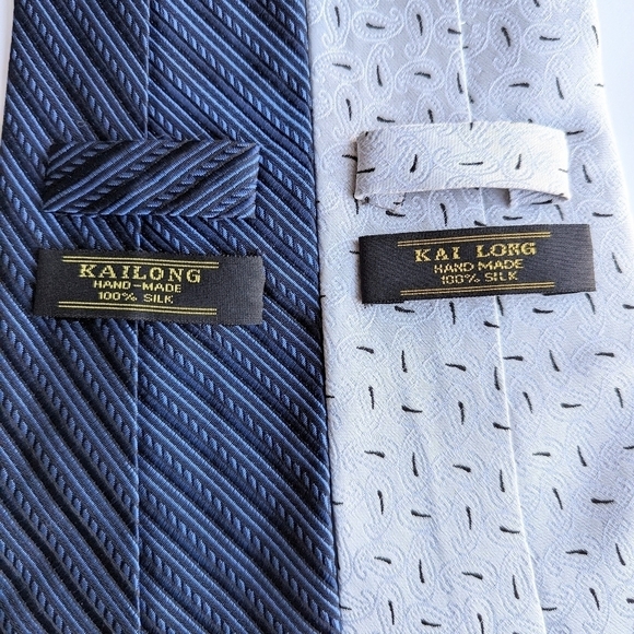 2pc Tie Bundle - Striped & Paisley Kai Long Silk Ties White Silver Blue - Picture 2 of 7